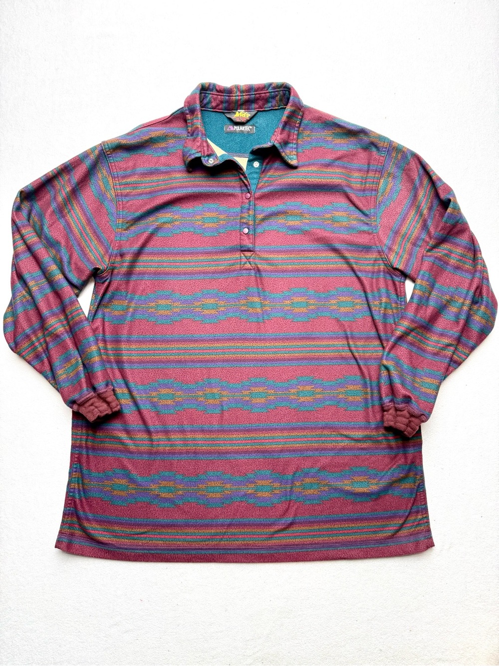 REI Long-Sleeve Striped Polo in Berry and Teal Accents